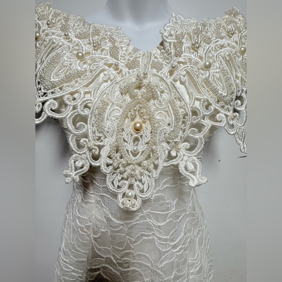Vintage Jessica McClintock Lace Sheath Wedding Dress Off Shoulder Ivory White - Picture 3 of 12